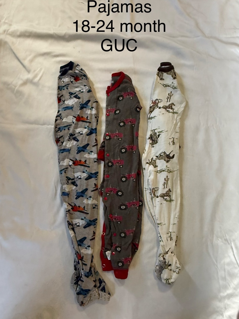 Kids Pajamas - Grey Airplane, Dark Gray Tractor, and Cream Cowboy Prints - Pack